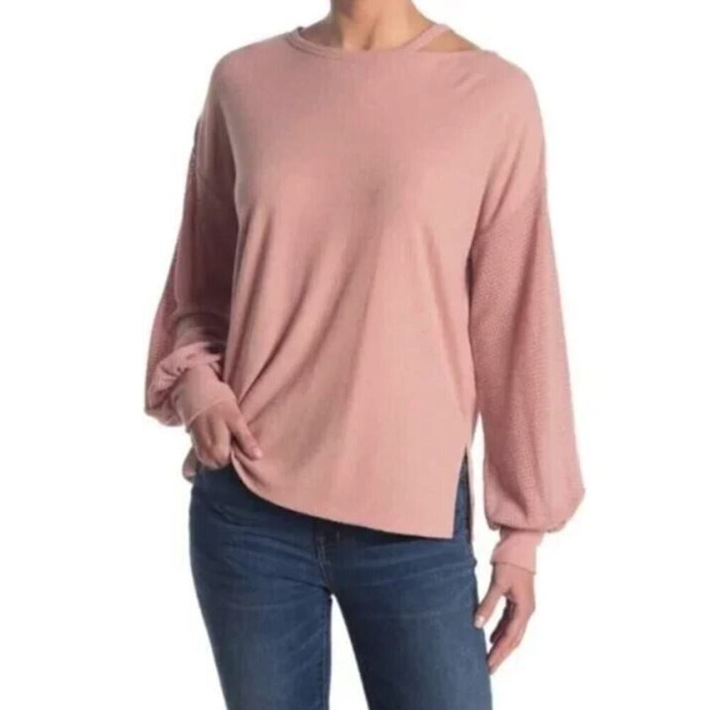 Status by Chenault Mixed Texture Long Sleeve Boxy‎ top Dusty Rose Large MSRP $78